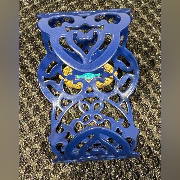 Intricate Blue Cuff Bracelet with Green Accent Rhinestone - Picture 5 of 7